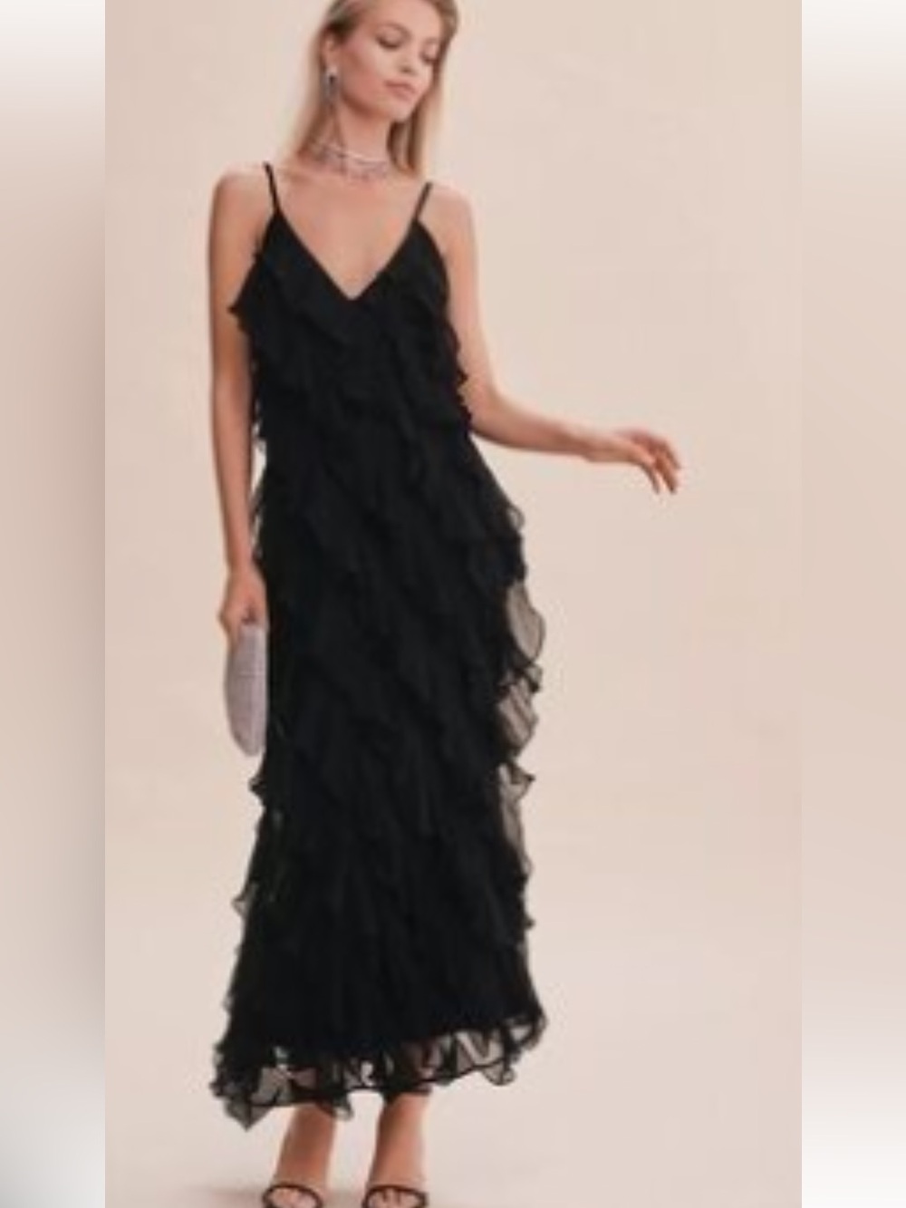 BHLDN Jia Bias-Cut Black Ruffle-Trim Slip Maxi Dress Size 10